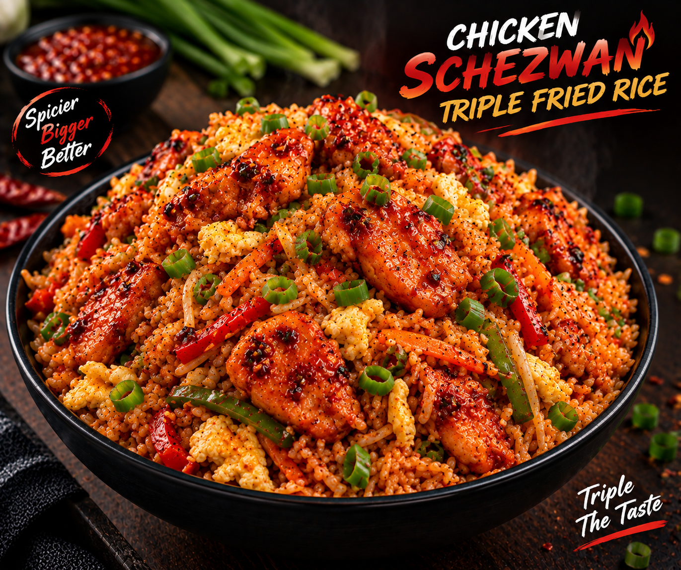 CHICKEN SCHEZWAN TRIPLE FRIED RICE